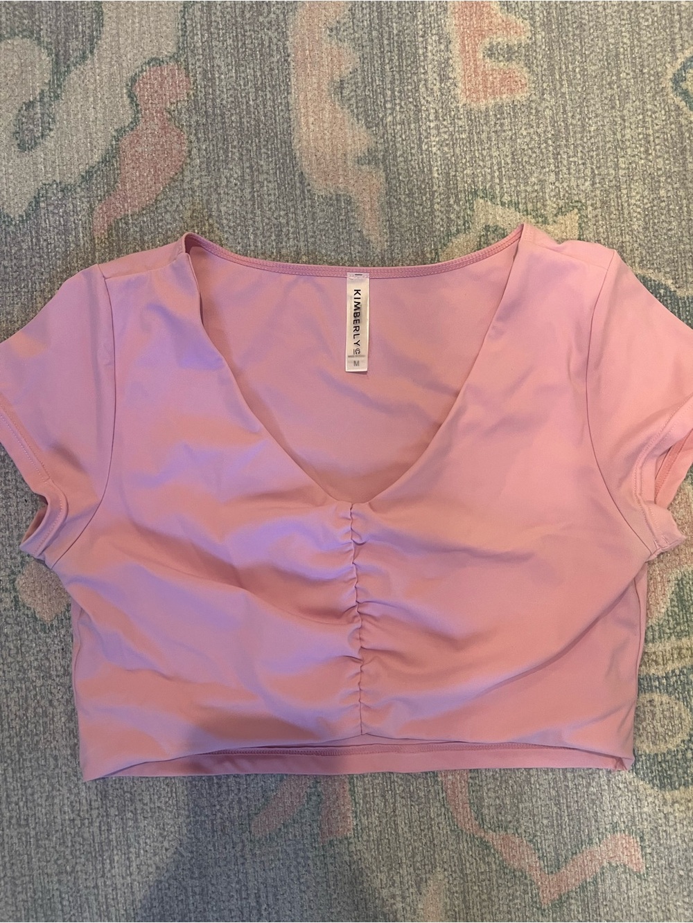Kimberly V. Pink Ruched V-Neck Crop Top